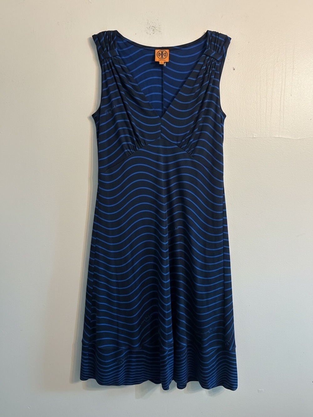 Tory Burch Midi Dress Womens Large Black Blue Silk Stretch Wavy Stripe V-Neck - Picture 2 of 9